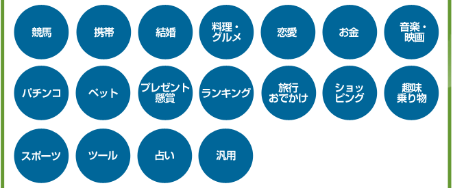 競馬、携帯、結婚、料理・グルメ、恋愛、お金、音楽・映画、パチンコ、ペット、プレゼント懸賞、ランキング、旅行おでかけ、ショッピング、趣味乗り物、スポーツ、ツール、占い、汎用